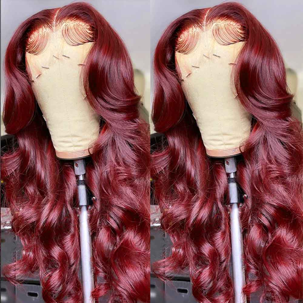 【Barbie】TK47 : Burgundy Red Wine Body Wave 13X4 Lace Frontal Wig Wave Human Hair Lace Wigs