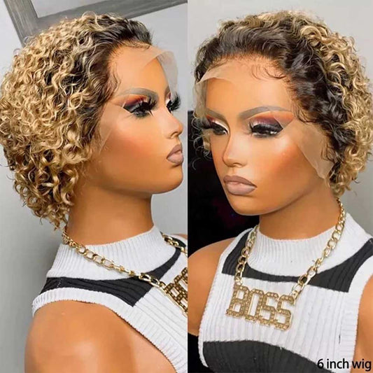 Tiktok Beaudiva TB 27 Ombre Honey Blonde Pixie Cut Curly Human Hair Wigs Bob Wigs 150%