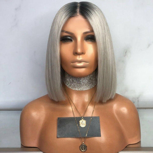 Tiktok Beaudiva Bob Lace Front Wig Straight Human Hair Wig Ombre Grey Bob Wig