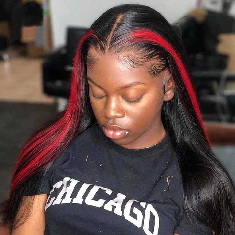 TK51 : Beaudiva Red Skunk Stripe Wig Straight Lace Closure Wig Human Hair Wig