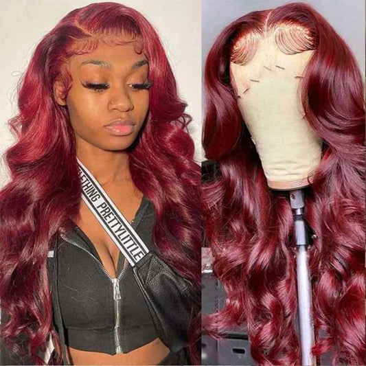 【Barbie】TK47 : Burgundy Red Wine Body Wave 13X4 Lace Frontal Wig Wave Human Hair Lace Wigs