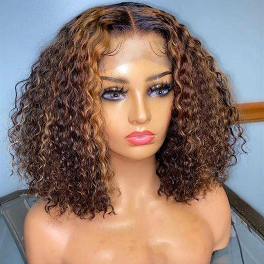 Beaudiva Highlight Kinky Curly 13x1 T Lace Front Human Hair Wigs 150 Density Bob Wig Glueless Wig