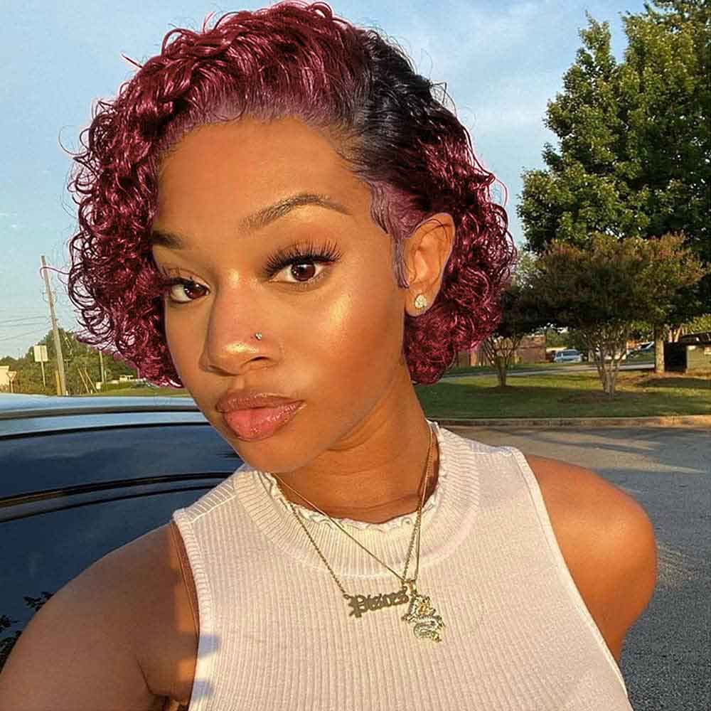 Beaudiva Bob Curly 99J Burgundy Pixie Cut Wig Human Hair Wig Lace Front Wig