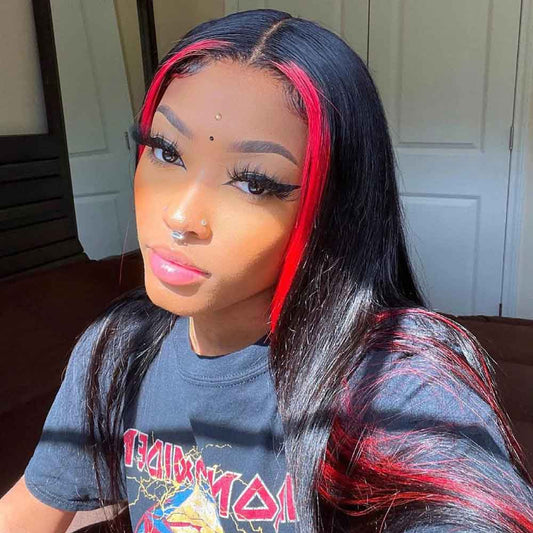TK51 : Beaudiva Red Skunk Stripe Wig Straight Lace Closure Wig Human Hair Wig