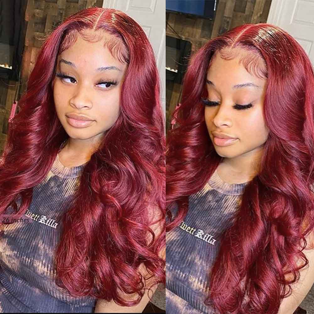 【Barbie】TK47 : Burgundy Red Wine Body Wave 13X4 Lace Frontal Wig Wave Human Hair Lace Wigs