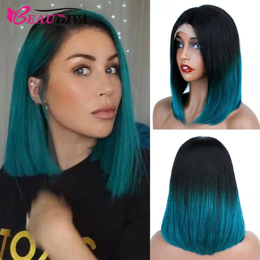 Tiktok Beaudiva Straight Ombre Dark Green Short Bob Lace Human Hair Wigs