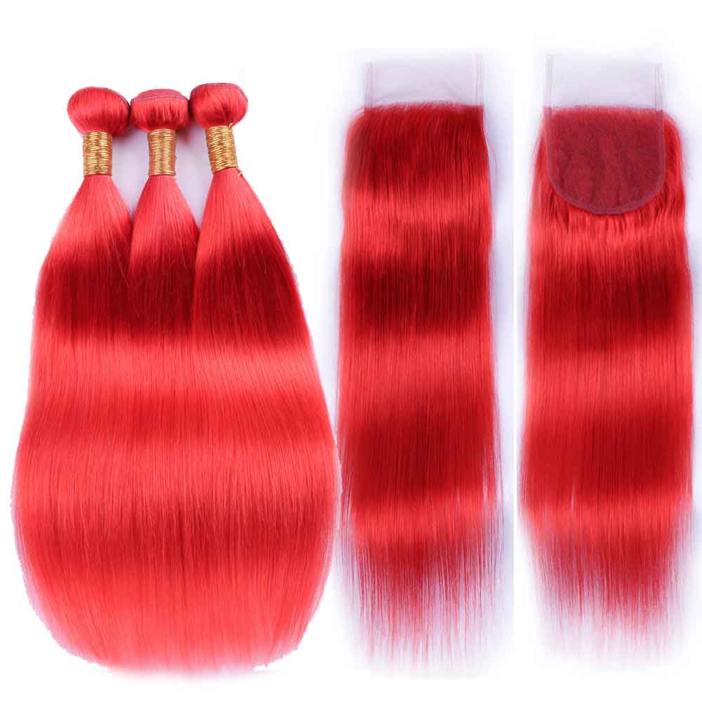 Beaudiva Red Color Straight 3 Bundles With Lace Closure 100% Human Hair Bundles With Closure