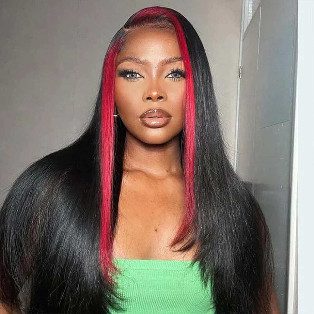 TK51 : Beaudiva Red Skunk Stripe Wig Straight Lace Closure Wig Human Hair Wig