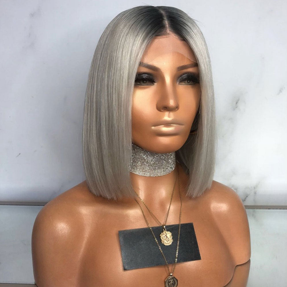 Tiktok Beaudiva Bob Lace Front Wig Straight Human Hair Wig Ombre Grey Bob Wig