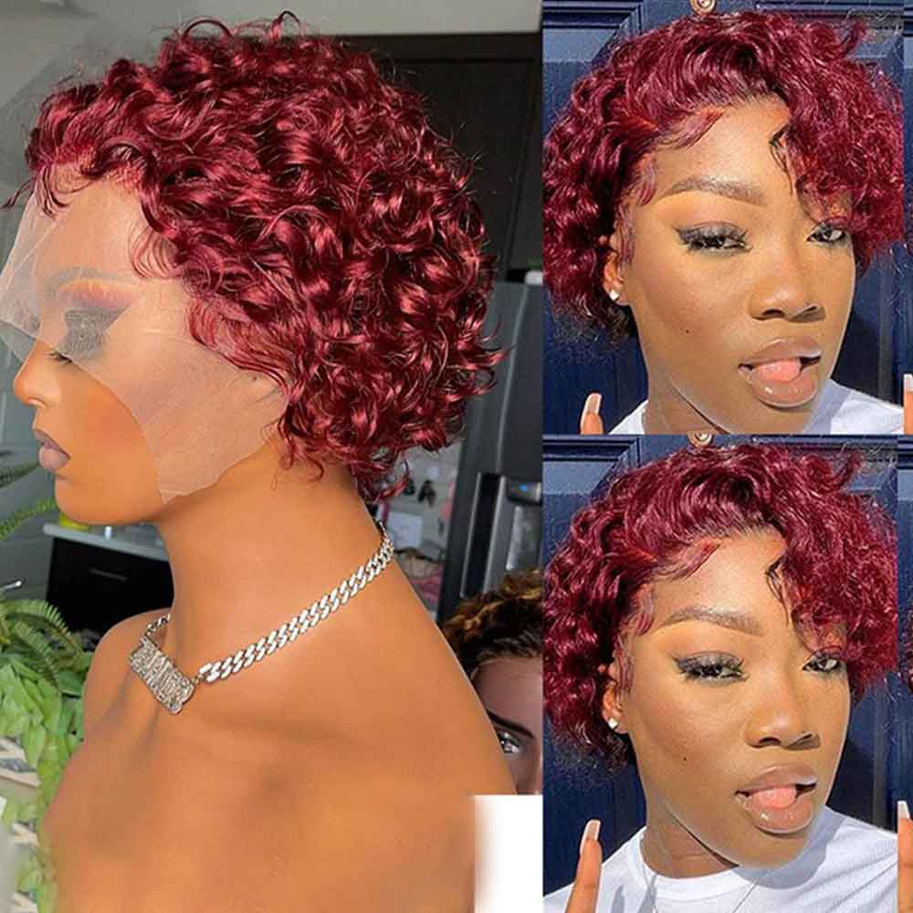Beaudiva Bob Curly 99J Burgundy Pixie Cut Wig Human Hair Wig Lace Front Wig
