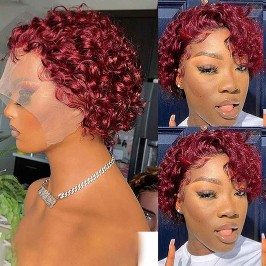 Beaudiva Bob Curly 99J Burgundy Pixie Cut Wig Human Hair Wig Lace Front Wig