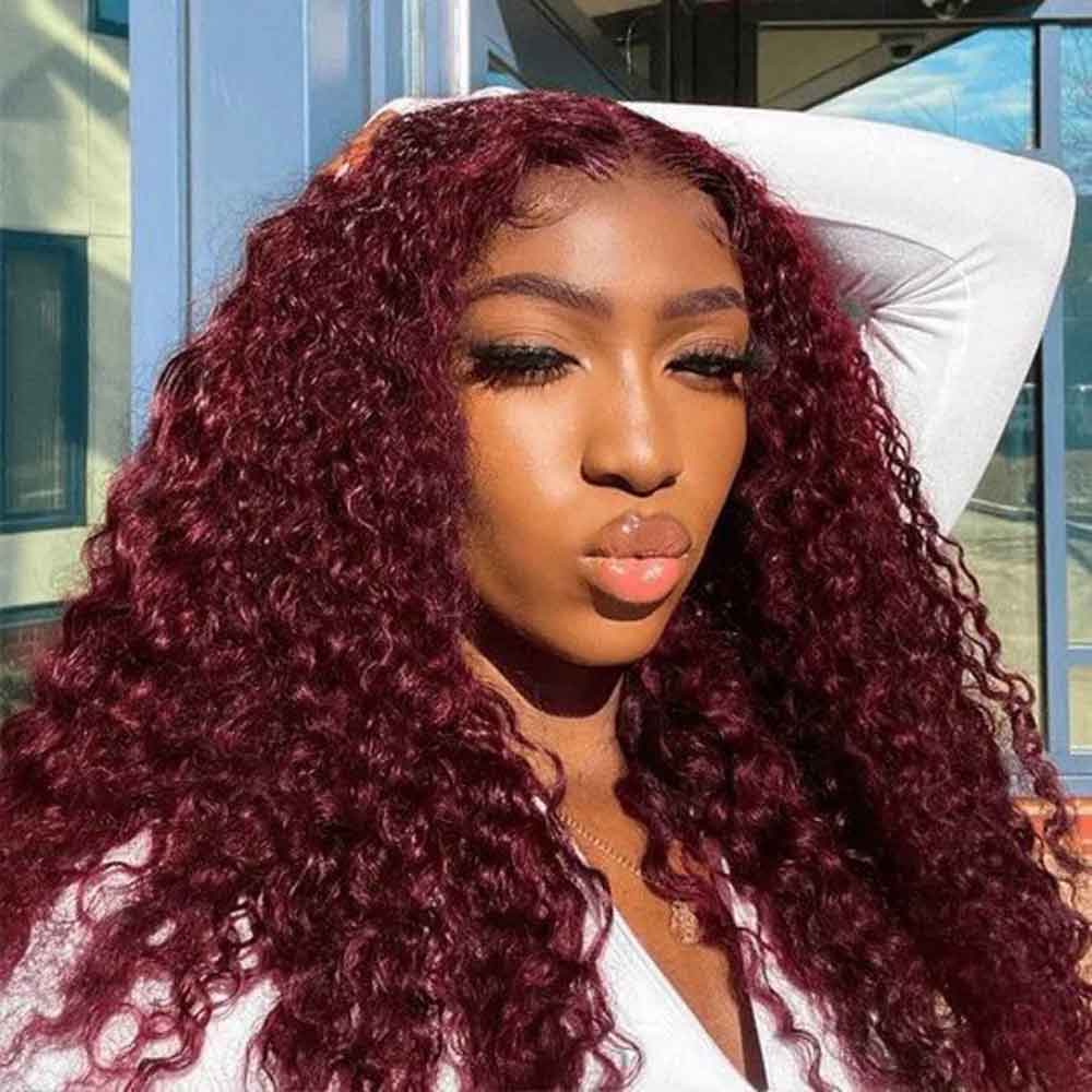 【Mary】TK49 : 99J Burgundy Colored Kinky Curly 4X4 Lace Closure Wig Human Hair Wig