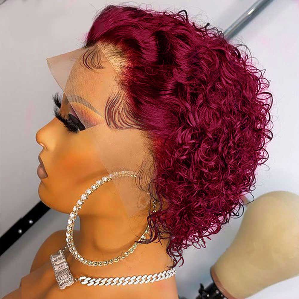 Beaudiva Bob Curly 99J Burgundy Pixie Cut Wig Human Hair Wig Lace Front Wig