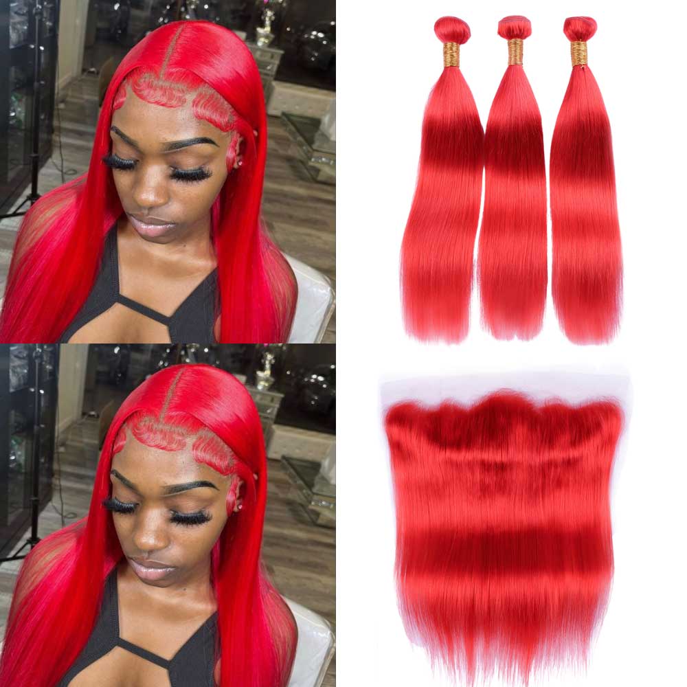 Beaudiva Red Frontal With 3 Bundles Straight Red Human Hair Extensions Colored