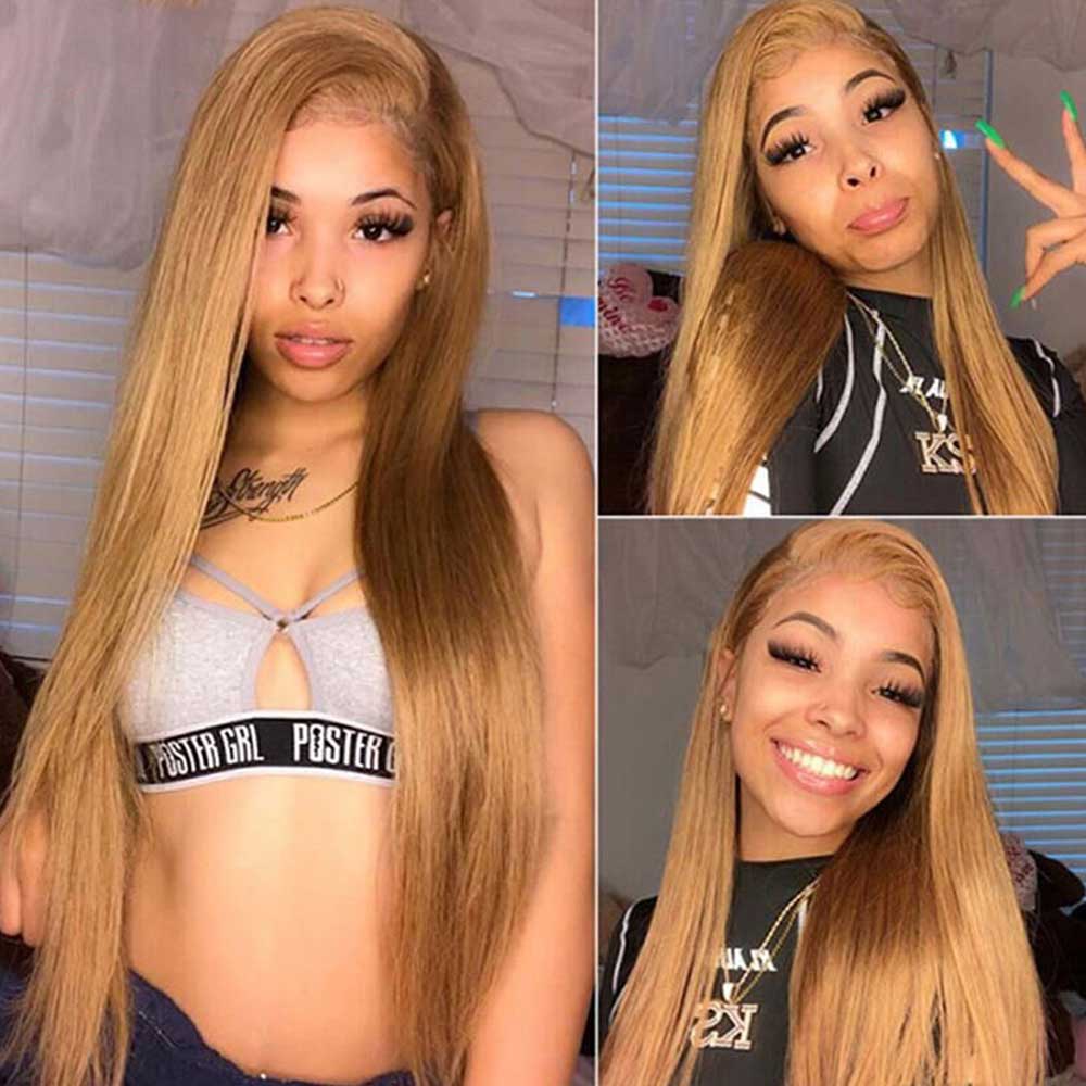 Tiktok Beaudiva 27# Honey Blonde Straight 4X4 Closure Wig Pre Plucked Baby Hair Human Hair Wig