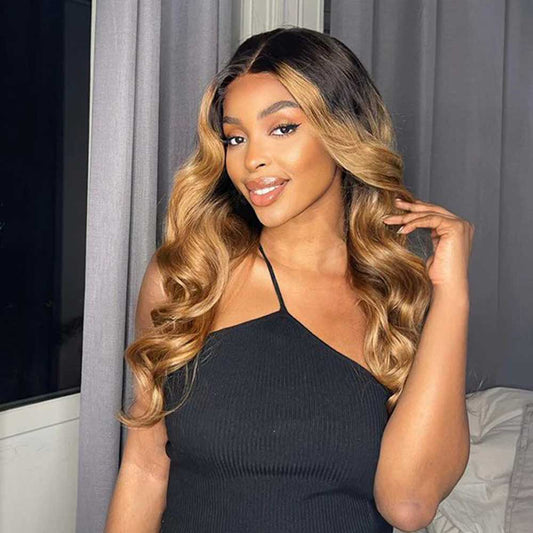 【Donna】TK14 : Beaudiva 5x5 Honey Blonde TB  #27 Color Body Wave Lace Cloure Wig Highlight Human Hair Wig