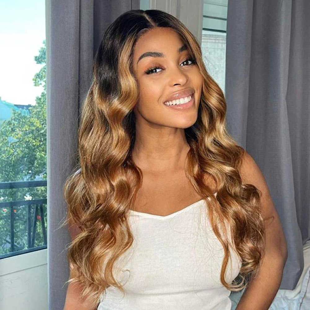 【Donna】TK14 : Beaudiva 5x5 Honey Blonde TB  #27 Color Body Wave Lace Cloure Wig Highlight Human Hair Wig