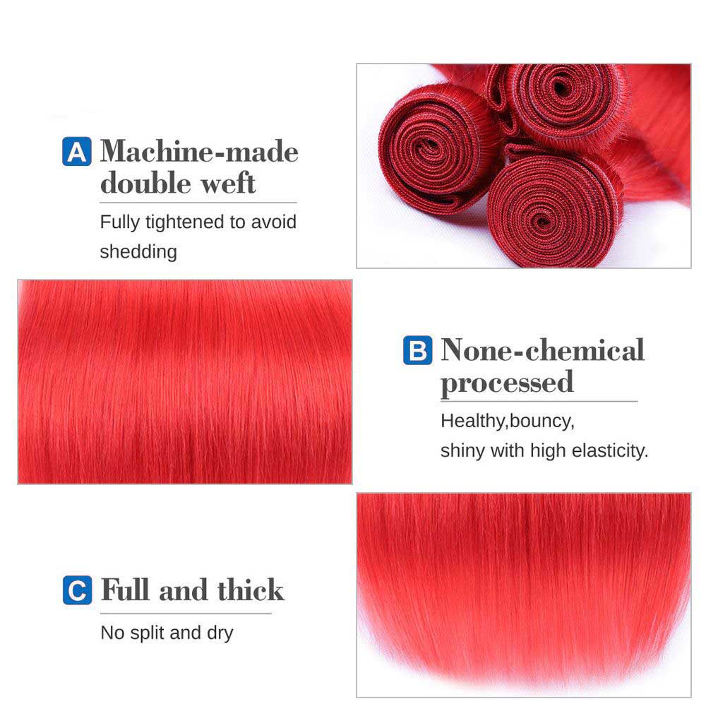 Beaudiva Red Frontal With 3 Bundles Straight Red Human Hair Extensions Colored