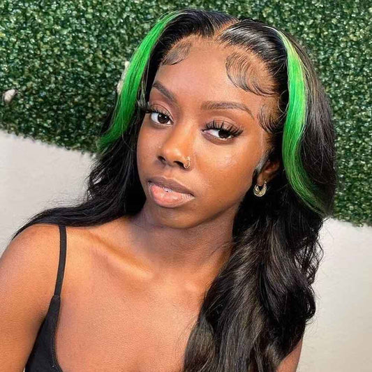Beaudiva Body Wave Green Skunk Stripe 4X4 Lace Closure Wig Human Hair Wig
