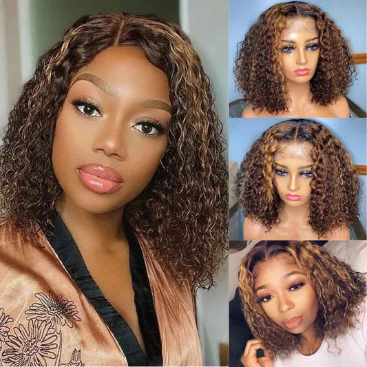 Beaudiva Highlight Kinky Curly 13x1 T Lace Front Human Hair Wigs 150 Density Bob Wig Glueless Wig