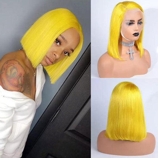 Beaudiva Straight Radiant Yellow Bob Wig Short 13x1 Lace Frontal Wigs Human Hair Pre Plucked