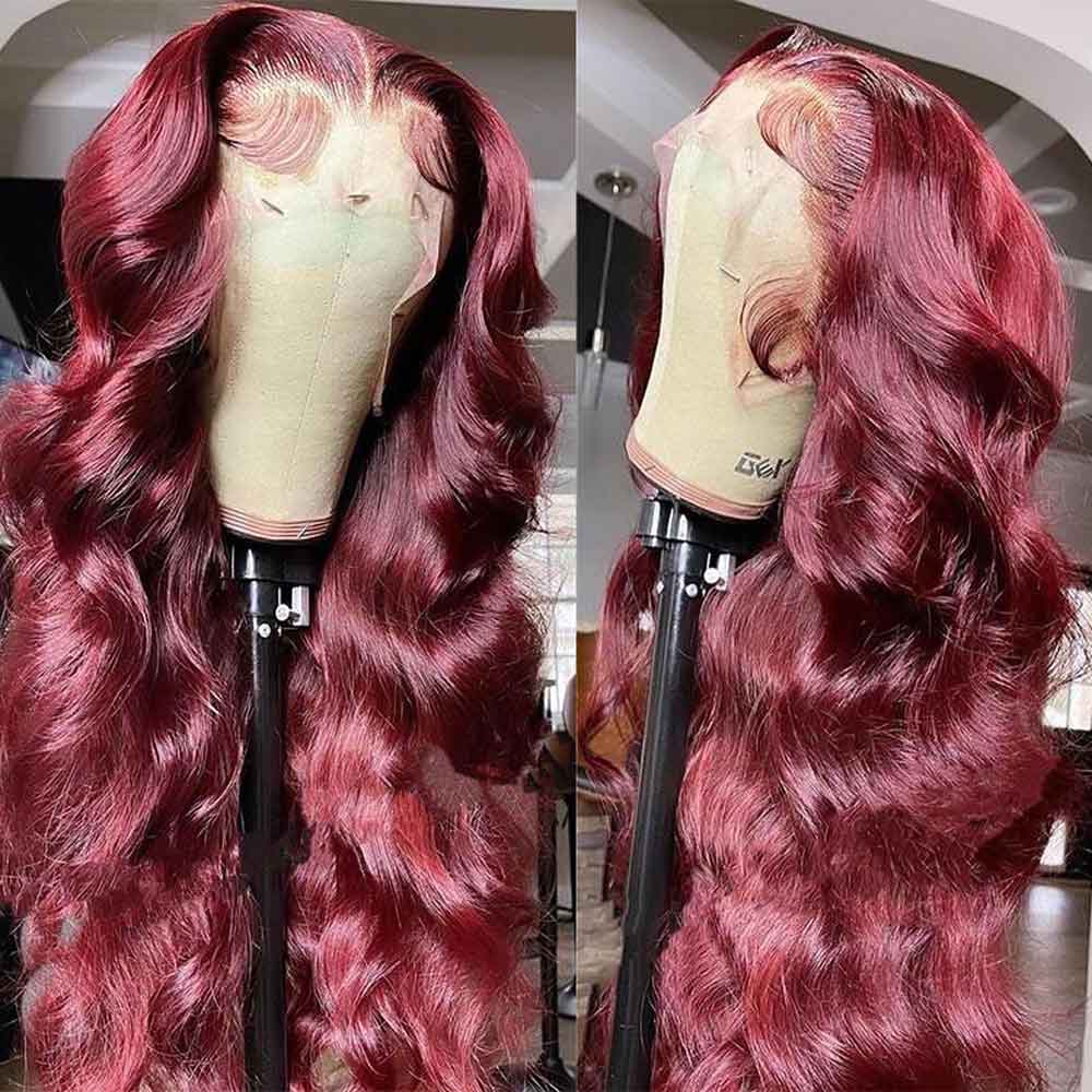 【Barbie】TK47 : Burgundy Red Wine Body Wave 13X4 Lace Frontal Wig Wave Human Hair Lace Wigs