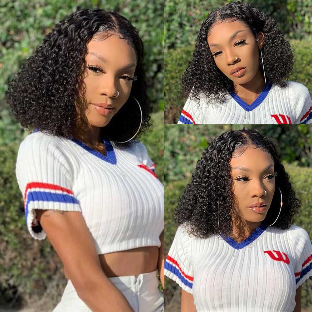Beaudiva Curly Bob Wigs Water Wave T Part Lace Human Hair Wigs Lace Parting