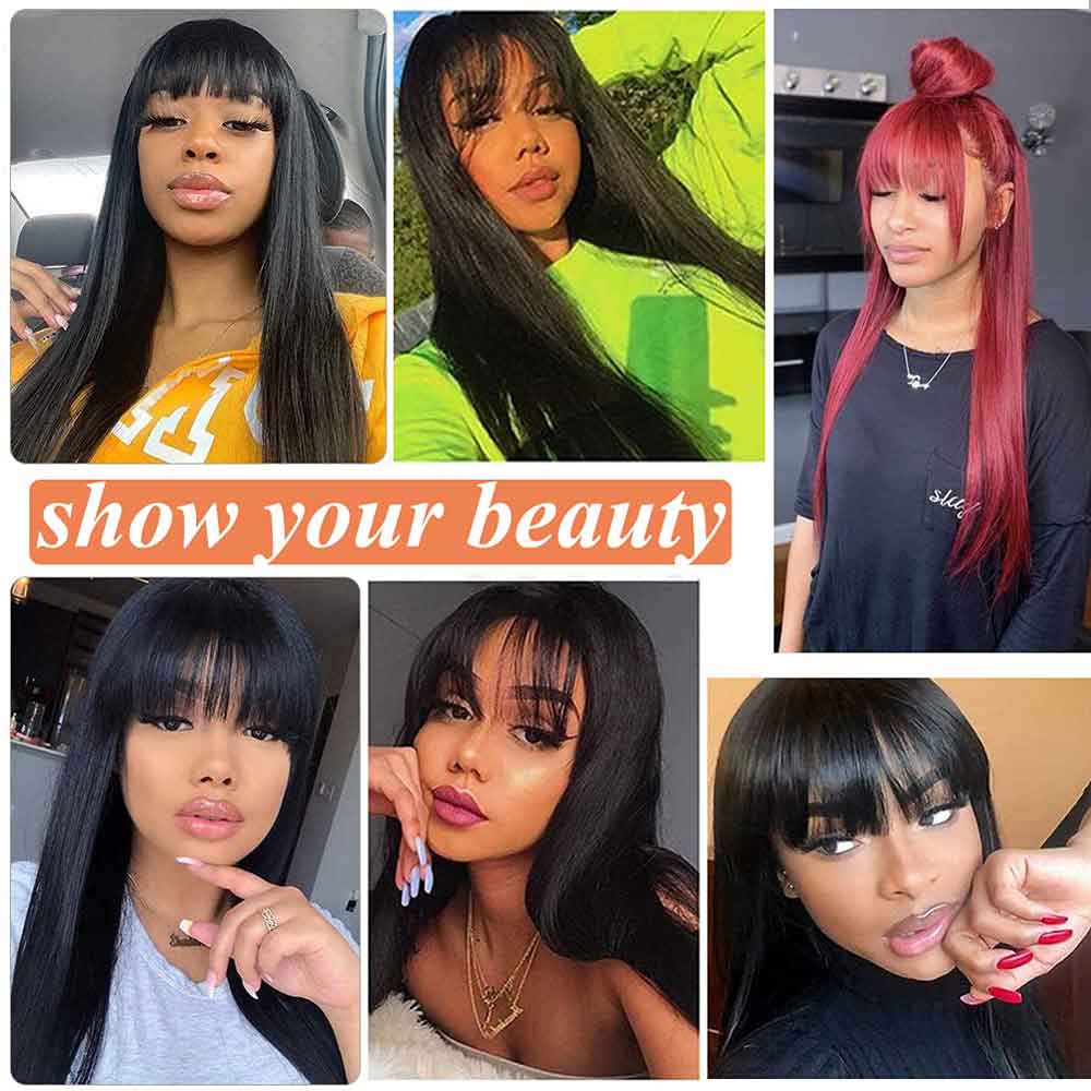 【Cora】 Bang Wig Straight Human Hair Wig Machine Made Wig With Baby Hair