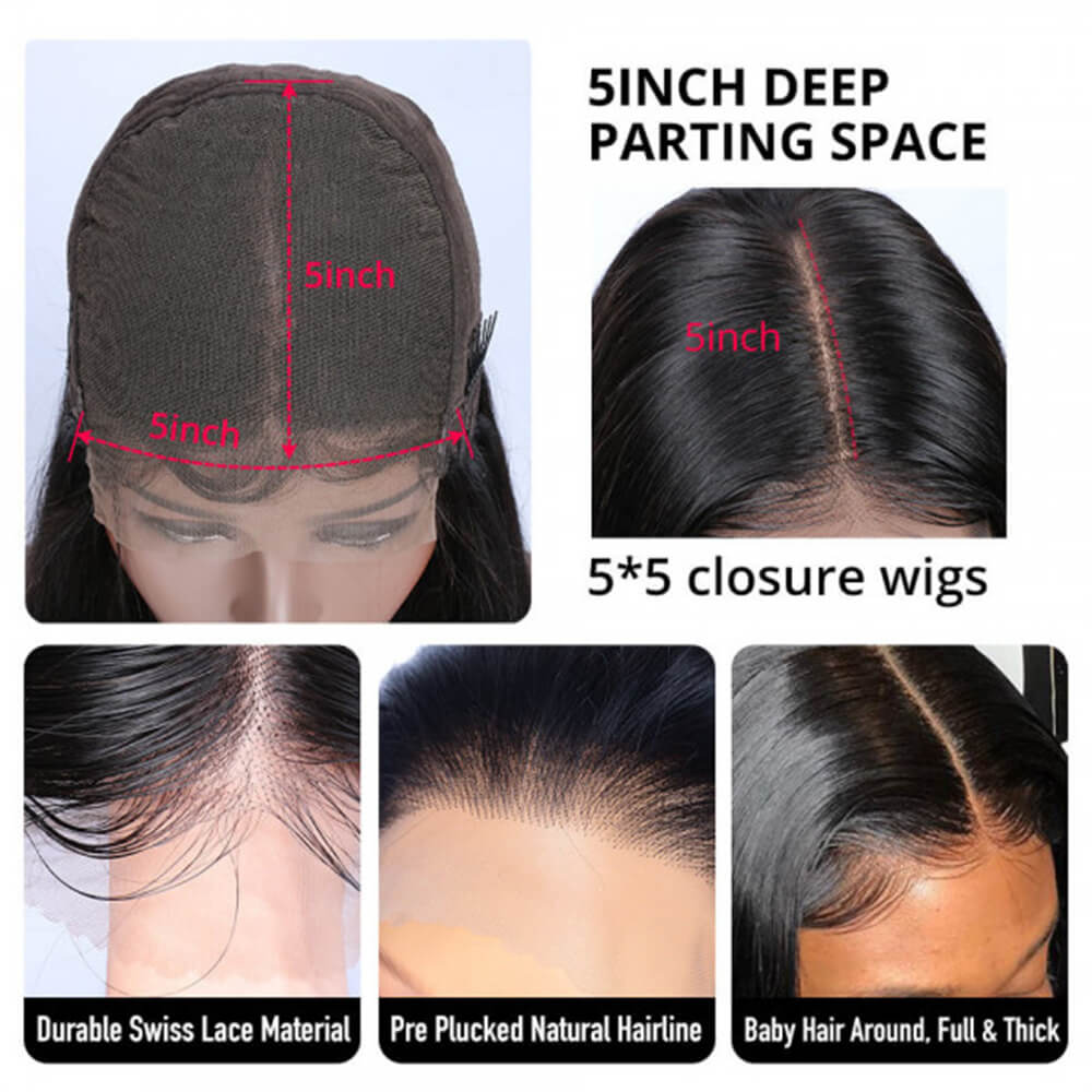 Beaudiva 5x5 Lace Closure Wig Body Wave Wigs 100% Human Hair Wigs With Baby Hair Pre Plucked