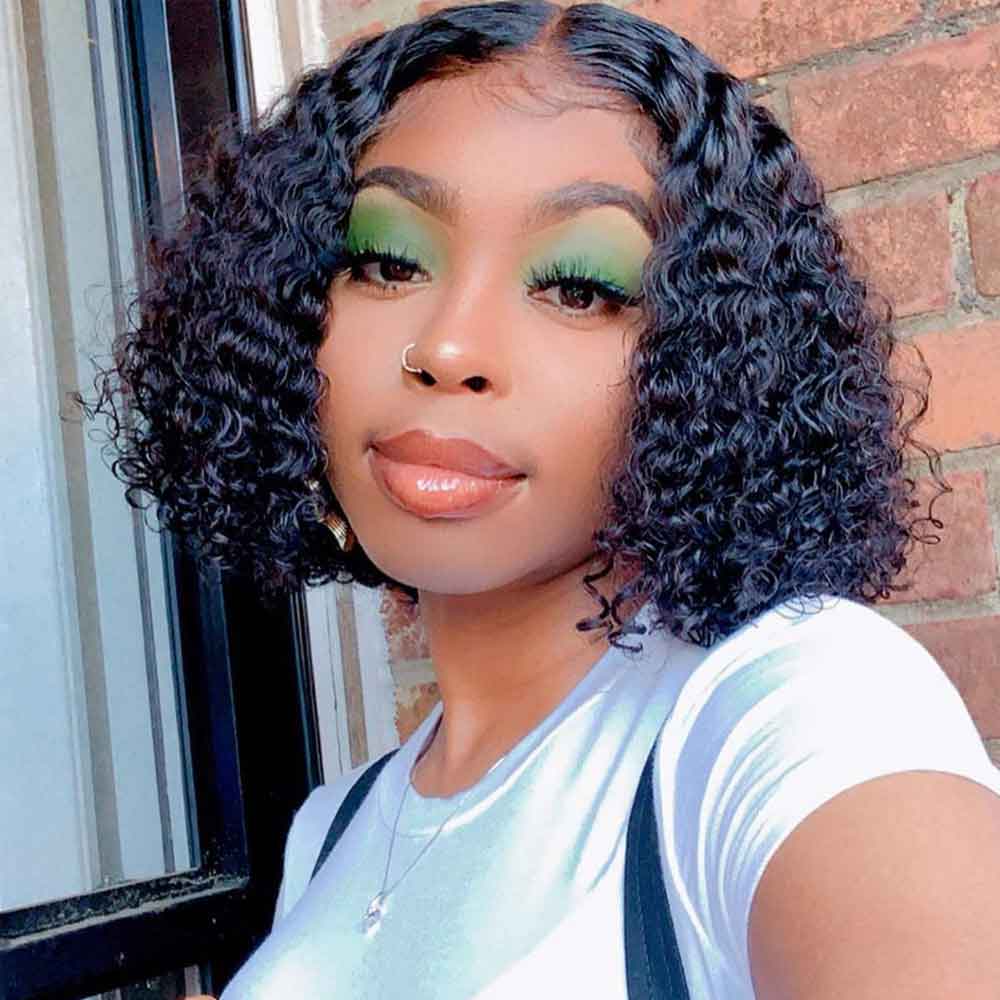 Beaudiva Curly Bob Wigs Water Wave T Part Lace Human Hair Wigs Lace Parting