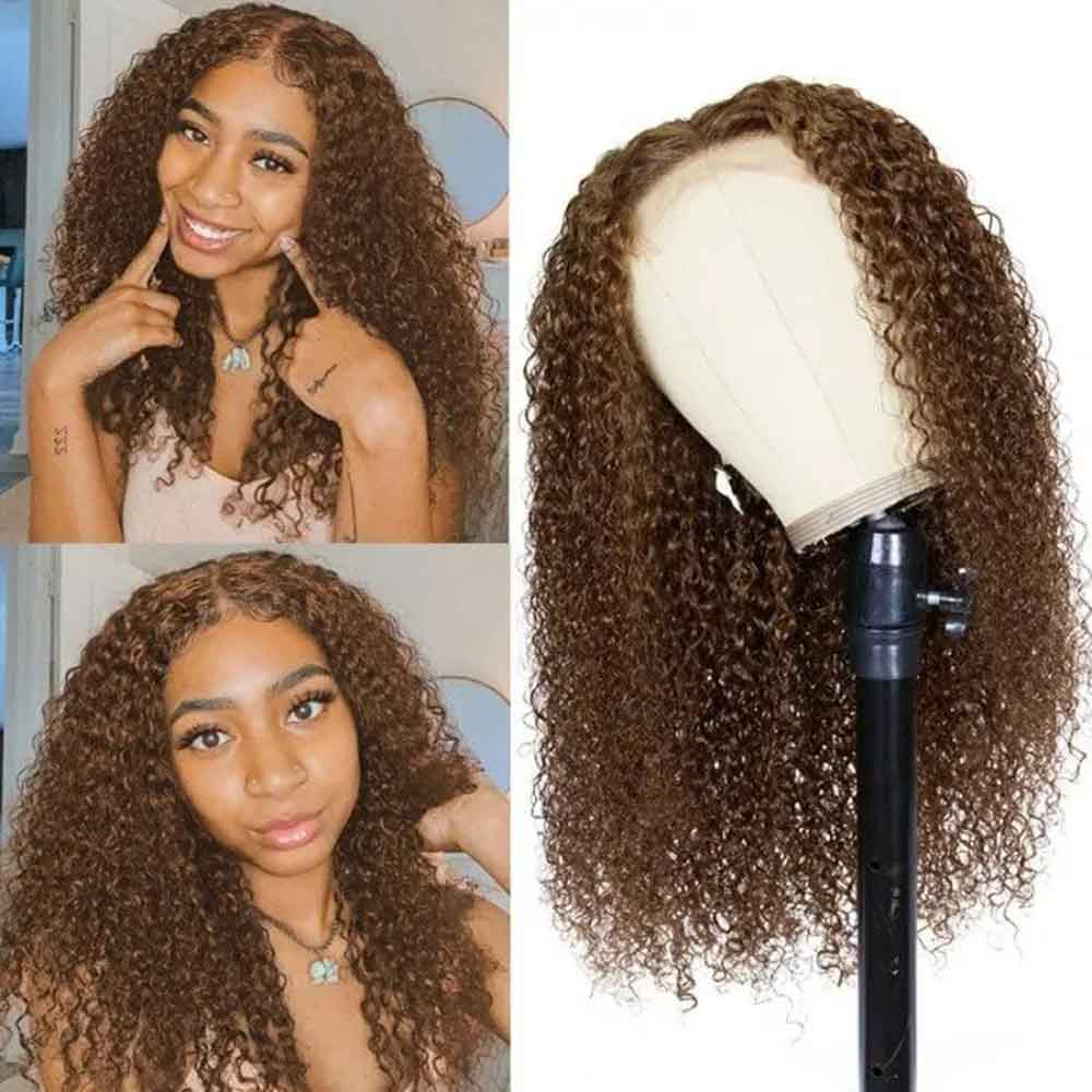Beaudiva Brown 4# Colored 13X4 Kinky Curly Lace Frontal Wig Human Hair Wig