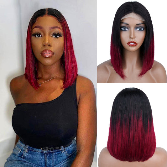 【Ruby】Short Straight Ombre Burgundy Color Human Hair Wigs Short Bob Cut Wig With 4X4X1 T Part Lace