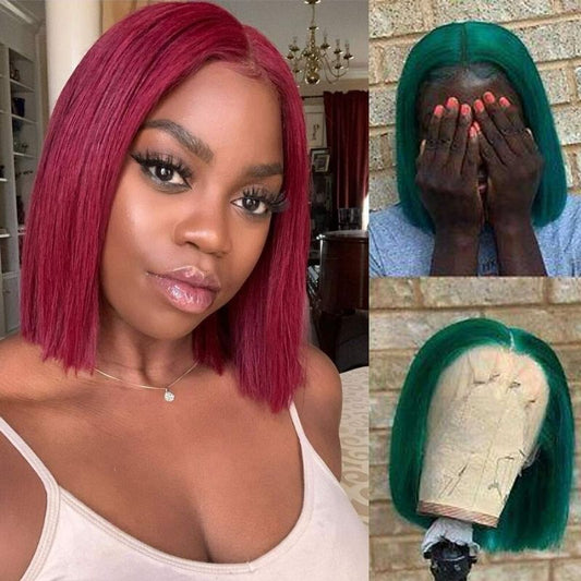 【Rose】Burgundy Short Bob Wig Brazilian Human Hair Wig Dark Green Bob Wig 13X4X1 Lace