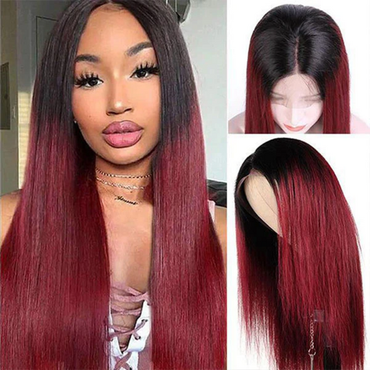 【Maroon】TB Burgundy Bone Straight Lace Closure Wig Ombre Red Wine Color Human Hair Wigs 4X4 Transparent Lace