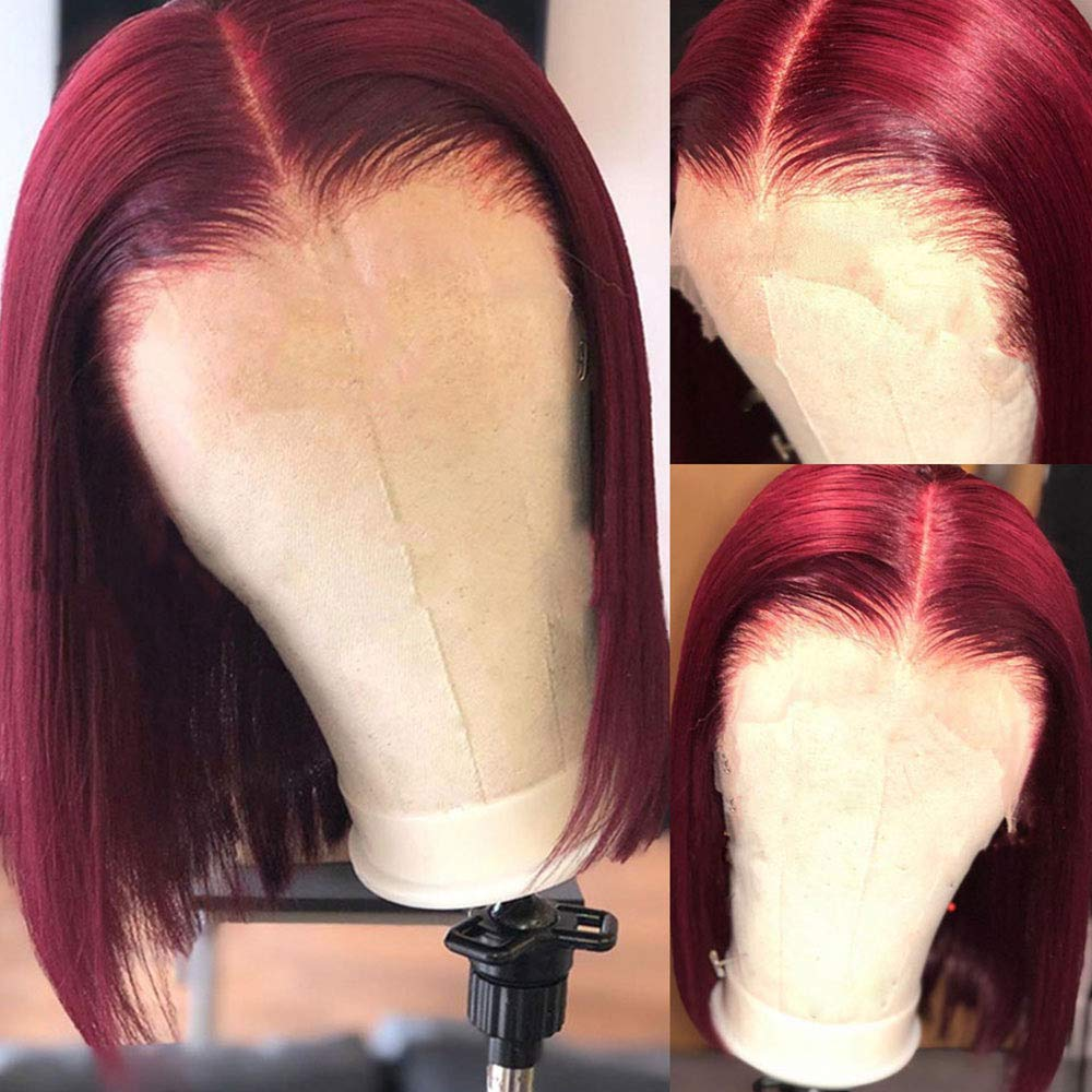 【Rose】Burgundy Short Bob Wig Brazilian Human Hair Wig Dark Green Bob Wig 13X4X1 Lace