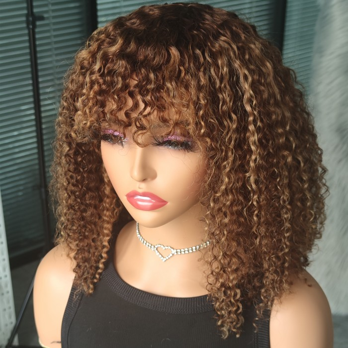 【Visa】TK45:Kinky Curly Human Hair Wigs with Bangs 150% Density Glueless Machine Made Bang Wigs for Women Beaudiva