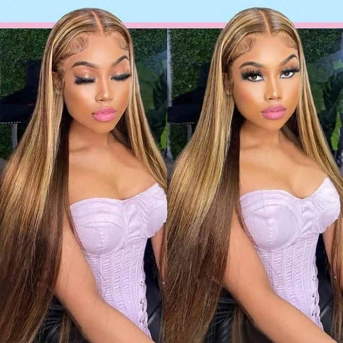 【HS】Highlight 5X5 Bone Straight Lace Closure Wig Colored Human Hair Wigs Pre Plucked Bleached Knots