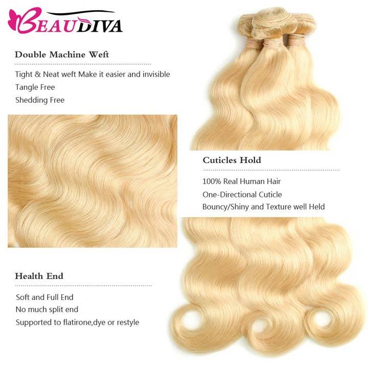 Beaudiva Hair 613 Blonde Body Wave 3 Bundles With Lace Closure Virgin Remy Human Hair
