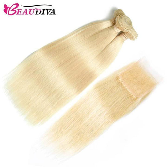 Beaudiva 613 Blonde Straight 3 Bundles With 4x4 Lace Closure Virgin Human Hair
