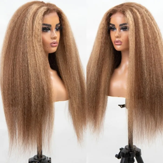 【Danie】Kinky Straight Highlight Honey Blonde Wigs Kinky Straight 13x4 Lace Front Human Hair Wig for Women Piano Color Wigs Pre Plucked with Baby Hair 200% Density