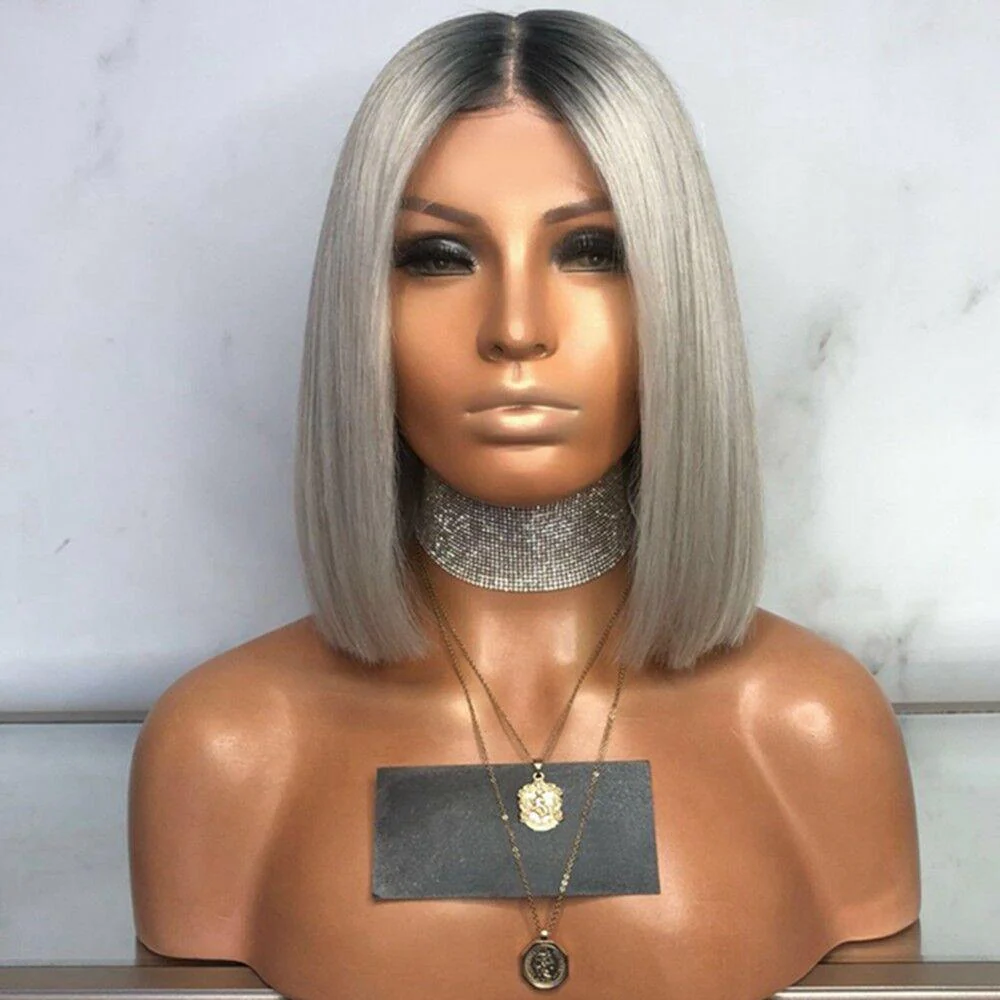 【Ella】Ombre Pink Short Bob Wig Brazilian Human Hair Ombre Grey/Pure Burgundy/Pure Green Bob Wigs 13X4X1 and 4X4X1 T Part Lace Wig