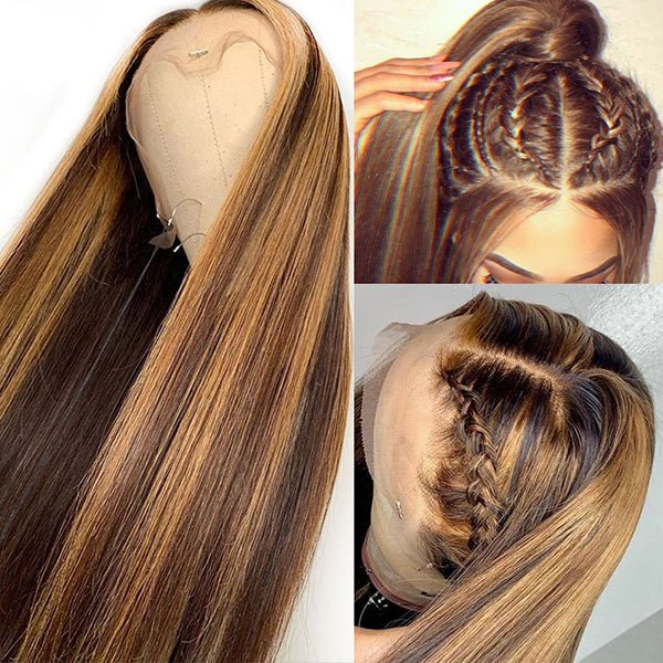 【HS】Highlight 5X5 Bone Straight Lace Closure Wig Colored Human Hair Wigs Pre Plucked Bleached Knots