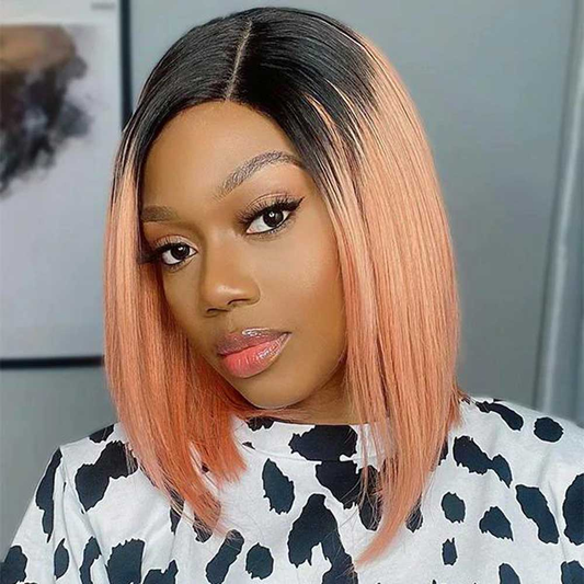 【Ella】Ombre Pink Short Bob Wig Brazilian Human Hair Ombre Grey/Pure Burgundy/Pure Green Bob Wigs 13X4X1 and 4X4X1 T Part Lace Wig