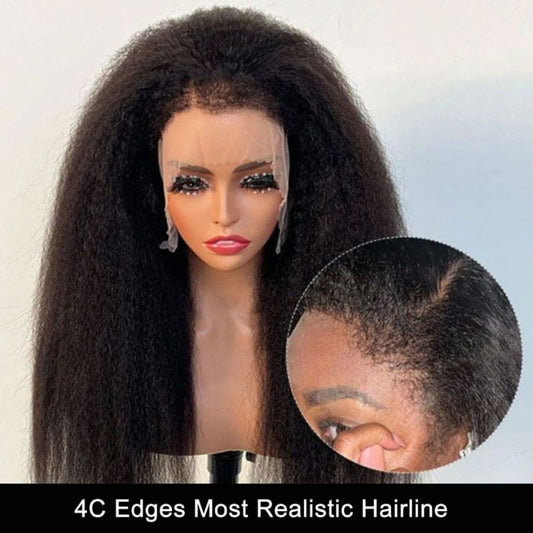 【April】4C Curly Edge Baby Hair Kinky Straight 13x4 Full Lace Frontal Wig With 200% Full Density