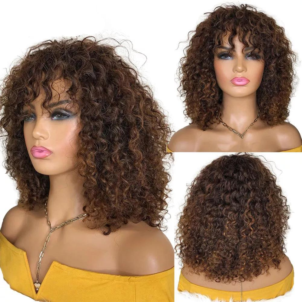 【Visa】TK45:Kinky Curly Human Hair Wigs with Bangs 150% Density Glueless Machine Made Bang Wigs for Women Beaudiva