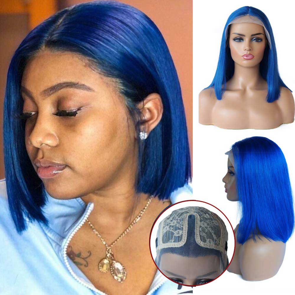 Beaudiva Lace Front Wig  Straight Bob Wig 13X4X1 Lace  Human Hair Wig Blue Color