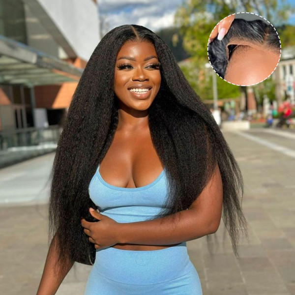 【Tiffany】Glueless 4X4 Lace Closure Kinky Straight Lace Closure Wig Human Hair Wigs Pre Plucked Yaki Straight Lace Wig