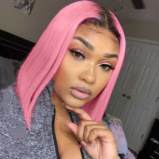 【Pinky Barbie】BEAUDIVA Ombre Hot Pink T Part Lace Front Human Hair Wigs Short Bob Wig