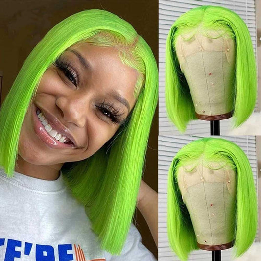 Beaudiva Neo Green Short Bob Lace Front Wig Straight Human Hair Wigs