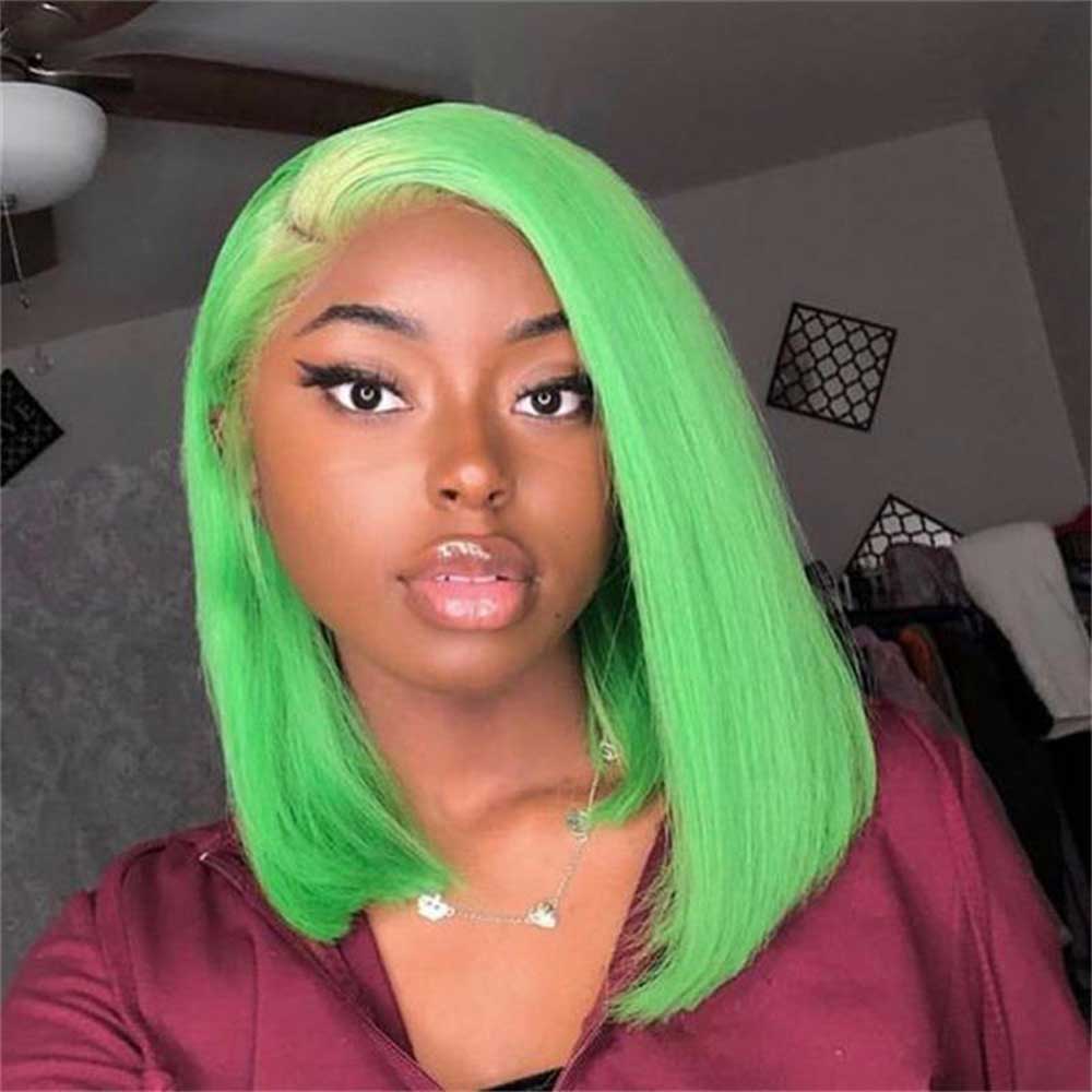 Beaudiva Neo Green Short Bob Lace Front Wig Straight Human Hair Wigs